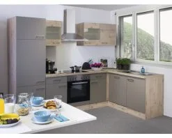 Flex-Well FLEX WELL Hoekkeuken Met Apparatuur Riva Kwartsiet Cubaniet En San Remo Eiken Licht Mat 280x170 Cm